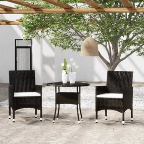 3 pcs conjunto bistrô p/ jardim vime PE e vidro temperado preto