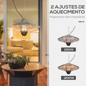 Aquecedor de Jardim Elétrico 1010W/1200W Aquecedor de Exterior de Teto de Infravermelho com Controlo Remoto 2 Níveis de Calor Proteção IP44 para Terra