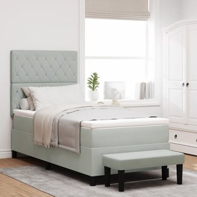Cama Box Spring com Colchão &amp; Banco Cinzento-Claro 90x190 cm Veludo