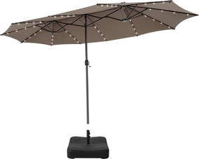 Conjunto de guarda-sol dupla face de 470 cm com 48 luzes LED solares e base recheável de 80 kg, com sistema de manivela, para jardim e piscina Café