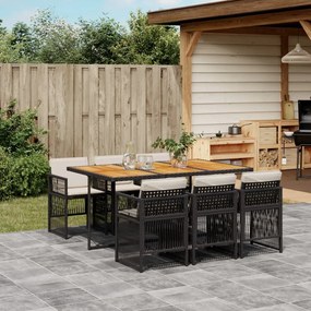 7 pcs conjunto de jantar p/ jardim c/ almofadões vime PE preto