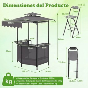 Abrigo para churrasco ou bar com 2 Bancos Dobráveis, 229 x 177 x 160 cm, Estrutura Metálica Reforçada, Cinzento