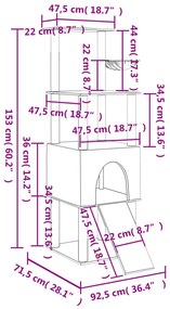 Árvore p/ gatos c/ postes arranhadores sisal 153 cm cinza-claro