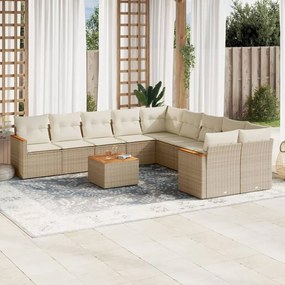 11 pcs conjunto sofás de jardim c/ almofadões vime PE bege