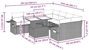 9 pcs conjunto sofás p/ jardim c/ almofadões vime PE castanho