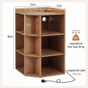 Estante de canto 51 x 71,5 x 86 cm com estação de carregamento e 9 compartimentos para quarto, sala ou cozinha Cor Madeira