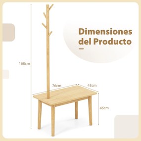 Cabide entrada com Mesa de apoio 2 em 1 de madeira maciça para quarto com sapateira e 3 cabides para casacos 76 x 43 x 168 cm Natural