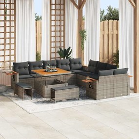 Conjunto de 13 Peças de Sofá de Jardim com Almofadas Cinzento Rattan de Polietileno Acácia