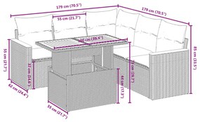 6 pcs conjunto sofás de jardim c/ almofadões vime PE preto
