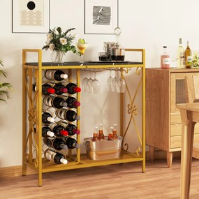 Garrafeira para Vinho 21 Garrafas com Suporte para Copos e Bancada em Madeira 93 x 38 x 102 cm Preto e Dourado