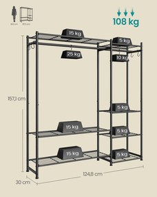 Guarda roupa aberto 30 x 124,8 x 157,1 cm com 7 prateleiras e 2 varões para cabides Preto