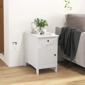 Mesa de apoio ou mesa de cabeçeira com estação de carregamento, porta USB e tomadas com gaveta branco
