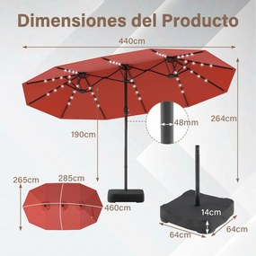 Guarda-sol duplo 460 x 285 cm com 48 luzes LED, 3 aberturas de ventilação, 12 varas, base e manivela para jardim, terraço e piscina – Laranja