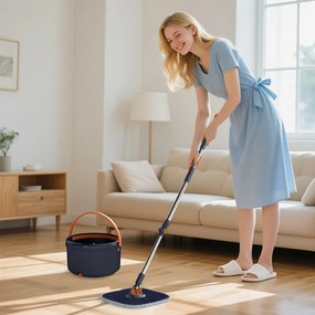 Conjunto de esfregona e balde com escorredor, para pisos lisos com 2 cabeças de esfregona e 9 panos de microfibra Sistema de limpeza azul