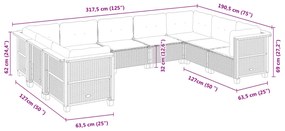9 pcs conjunto sofás p/ jardim com almofadões vime PE cinzento