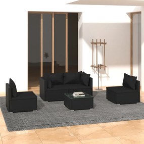 5 pcs conjunto lounge de jardim c/ almofadões vime PE preto