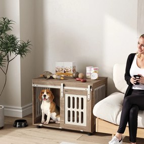 Móvel-gaiola para cães com porta de correr, casinha para cães de tamanho médio, mesa auxiliar, 80 x 59 x 63 cm, nogueira