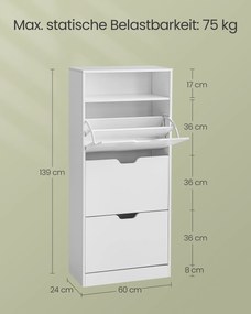 Sapateira com compartimento aberto e ajustável 24 x 60 x 139 cm branca