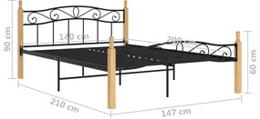 Estrutura de cama 140x200cm metal/madeira carvalho maciça preto