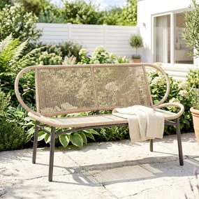 Banco de jardim de 2 lugares, 138C x 62L x 83A cm em resina trançada com estrutura metálica, resistente às intempéries, cor natural