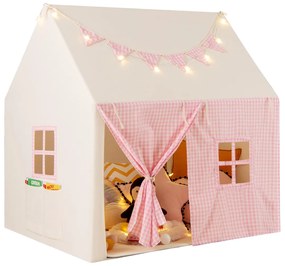 Tenda infantil com tapete acolchoado, 2 janelas e 2 bolsos de armazenamento, luzes de estrelas e bandeira rosa