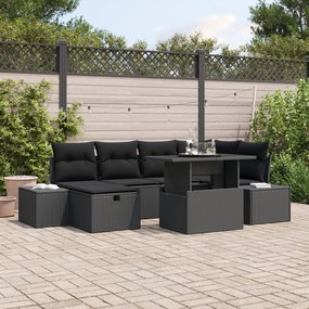 Conjunto de Sofás de Jardim de 7 Peças com Almofadas Preto Vime PE