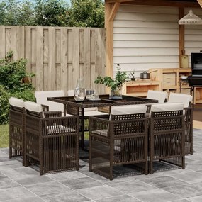 vidaXL 9 pcs conjunto jantar p/ jardim c/ almofadões vime PE castanho