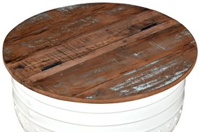 Mesa centro madeira reciclada maciça branca em forma de barril