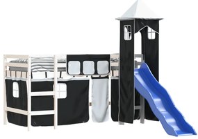 Cama alta criança c/ torre 90x190 cm pinho maciço branco/preto