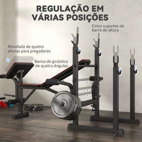 Banco de Musculação Dobrável Banco Multifunções com Suportes para Barras e Encosto Ajustável para Treino Completo de Corpo Preto