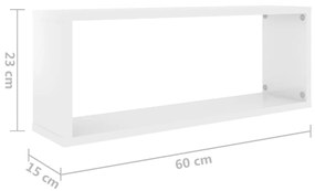 Prateleiras parede cúbicas 2pcs contr. 60x15x23cm branco brilh.