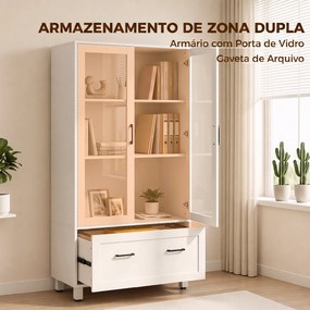 Arquivador com Portas de Vidro e Gaveta, Armário de Escritório com Barras Ajustáveis para Arquivo, 75x40x141 cm, Branco