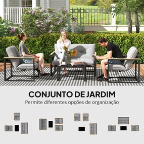 Conjunto de Jardim de 4 Peças com 2 Poltronas e 1 Sofá de 2 Lugares com Almofadas e Mesa de Centro Cinzento e Preto