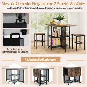 Conjunto de mesa de jantar dobrável de 3 peças com 2 bancos Rodas com fecho 2 Estantes de arrumação de cozinha em rede castanho + preto