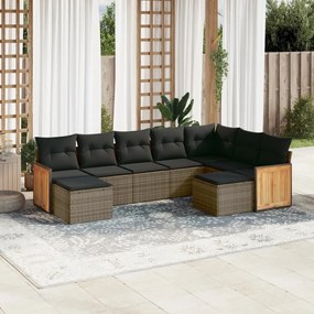 9 pcs conjunto sofás p/ jardim com almofadões vime PE cinzento