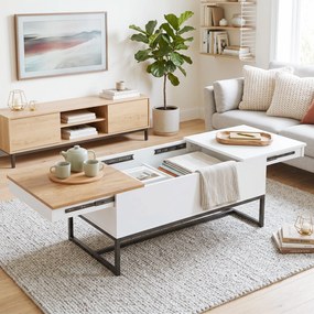 Mesa de centro extensível com tampo deslizante 100 x 50 x 45 cm, mesa de sala com arrumação oculta e pés em aço, branca