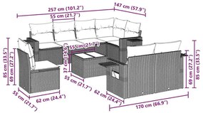 9 pcs conj. sofás jardim com almofadões vime PE cinzento-claro