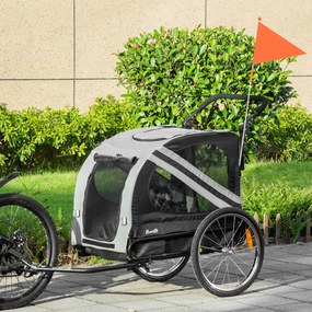 PawHut Reboque de Bicicleta para Cães 2 em 1 Transporte para Animais de Estimação com Porta Enrolável Janelas Cinto de Segurança Bandeira e 6 Refletores 134x73x108cm Cinza