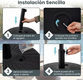 Base redonda para guarda-sol de pátio 51 cm metálica, Preenchível com água ou areia até 27 kg, com 2 acopladores para jardim, piscina preta