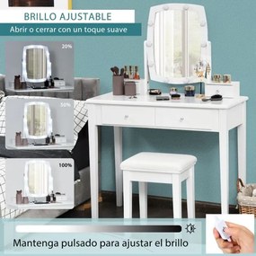 Conjunto de Toucador com Espelho Iluminado Giratório 360°, Mesa de Maquilhagem e Banco Acolchoado para Quarto Branco