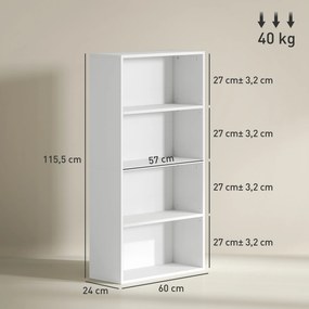 Estante de 4 Níveis Estante para Livros com 2 Prateleiras Ajustáveis para Sala de Estar Escritório Quarto 60x24x115,5 cm Branco