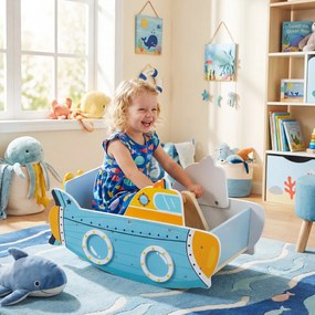 Barco baloiço de madeira de Madeira para crianças com mais de 1 ano 70 x 33,5 x 37 cm, com tema submarino, hélice giratória, Azul+Amarelo