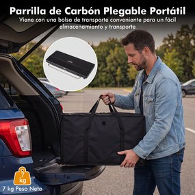 Grelhador a Carvão Dobrável Portátil, 81 x 48 x 84 cm, Grelha Regulável Preto