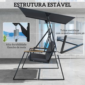 Baloiço de Jardim de 3 Lugares com Teto Ajustável UPF50+ 2 Bandejas Almofadas e Estrutura em Metal 222x131x175 cm Cinza