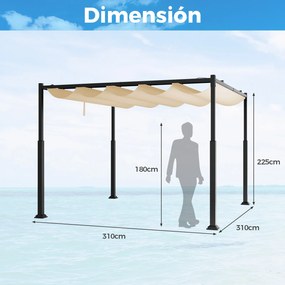 Pérgula jardim com toldo retrátil 310 x 310 cm, colunas metálicas de alta resistência, Bege + Preto