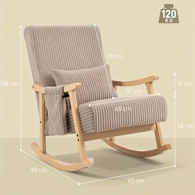 Cadeira Baloiço Moderna em Veludo Cotelê com Apoio para os Braços Almofada Lombar e Bolso Poltrona de Amamentação 65x90x98 cm Castanho Claro