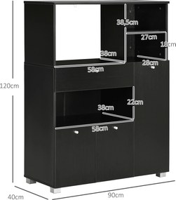 Aparador Auxiliar para Microondas Buffet de Cozinha com 2 Armários com Portas 1 Gaveta e Prateleiras 90x40x120 cm Preto