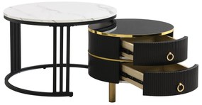 Mesa de centro 2-em-1 em MDF com tampo brilhante e tampo em mármore branco, combinação de mesa de centro para sala de estar com 2 gavetas, Preto