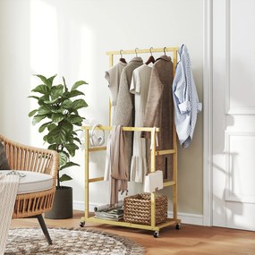 Charriot com Rodas de Bambu com Sapateira 2 Barras para Pendurar para Entrada Corredor Quarto 80x40x160 cm Madeira