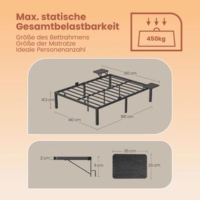 Cama com estrado, 160 x 200 cm, com 2 prateleiras adicionais Preto